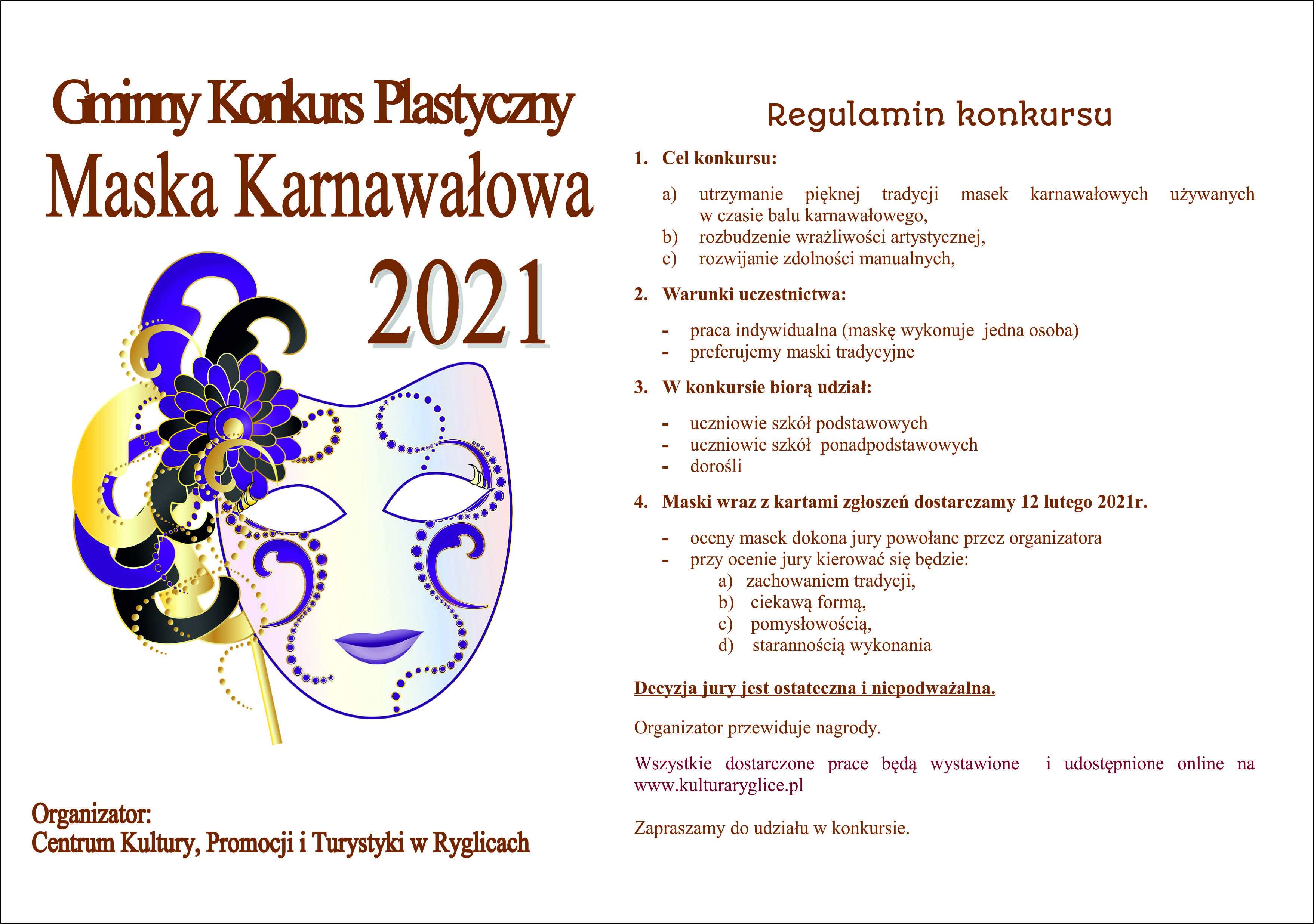 Plakat informujący o gminnym konkursie masek karnawałowych 
