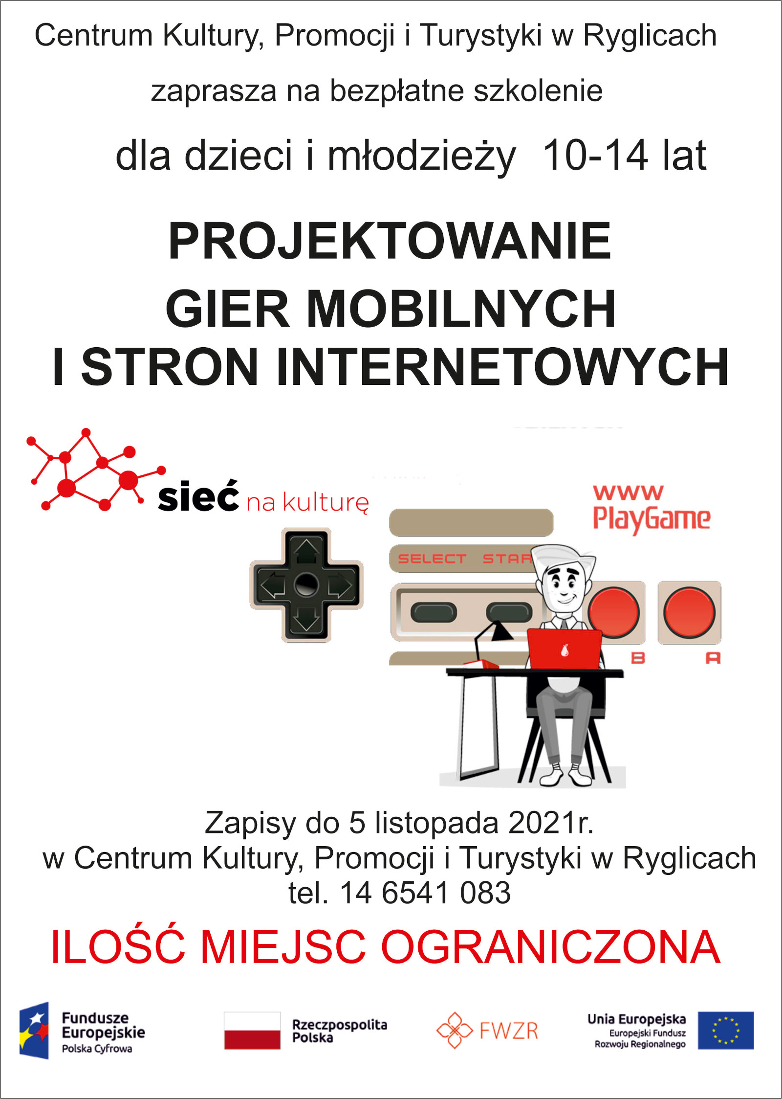 Plakat - warsztaty "Projektowanie gier mobilnych i stron internetowych"