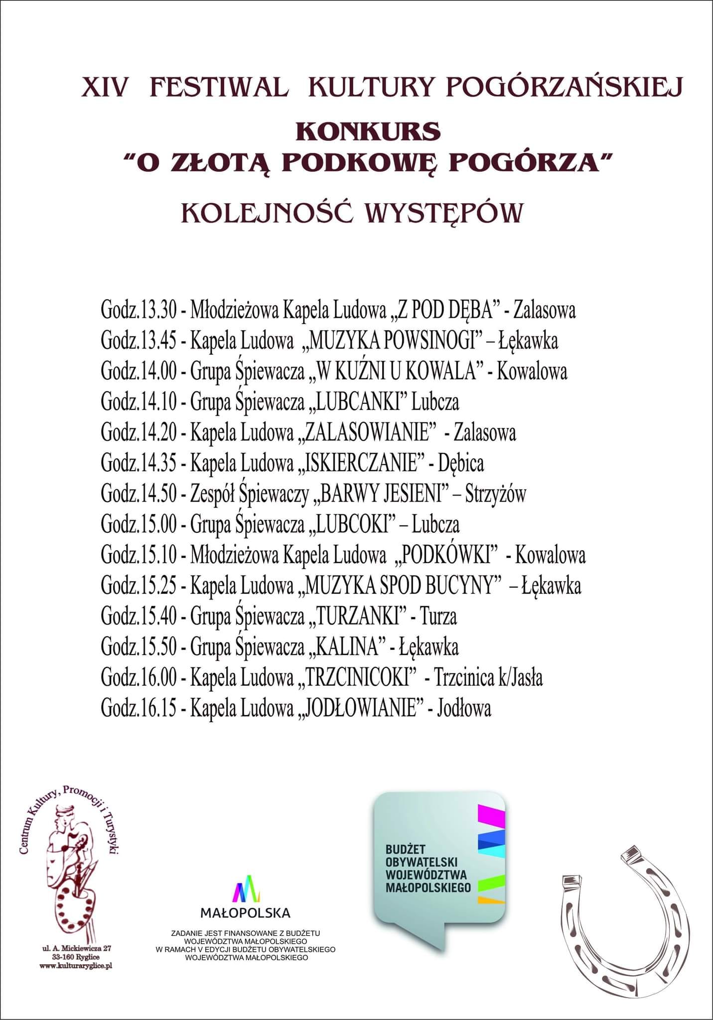 Kolejność występów w konkursie "O Złotą Podkowę Pogórza"