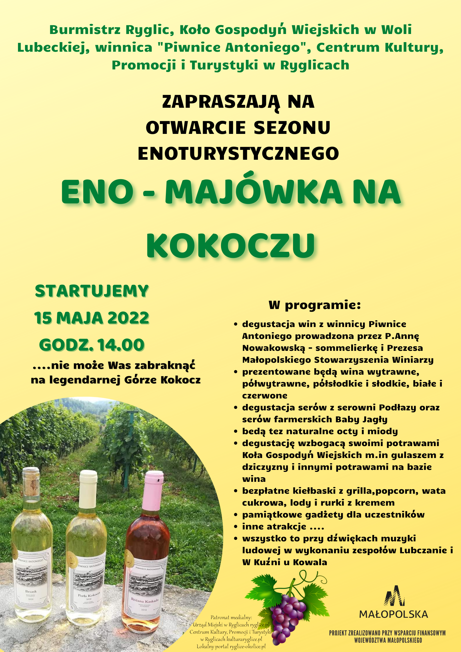 Plakat informujący o wydarzeniu "Eno-majówka na Kokoczu"