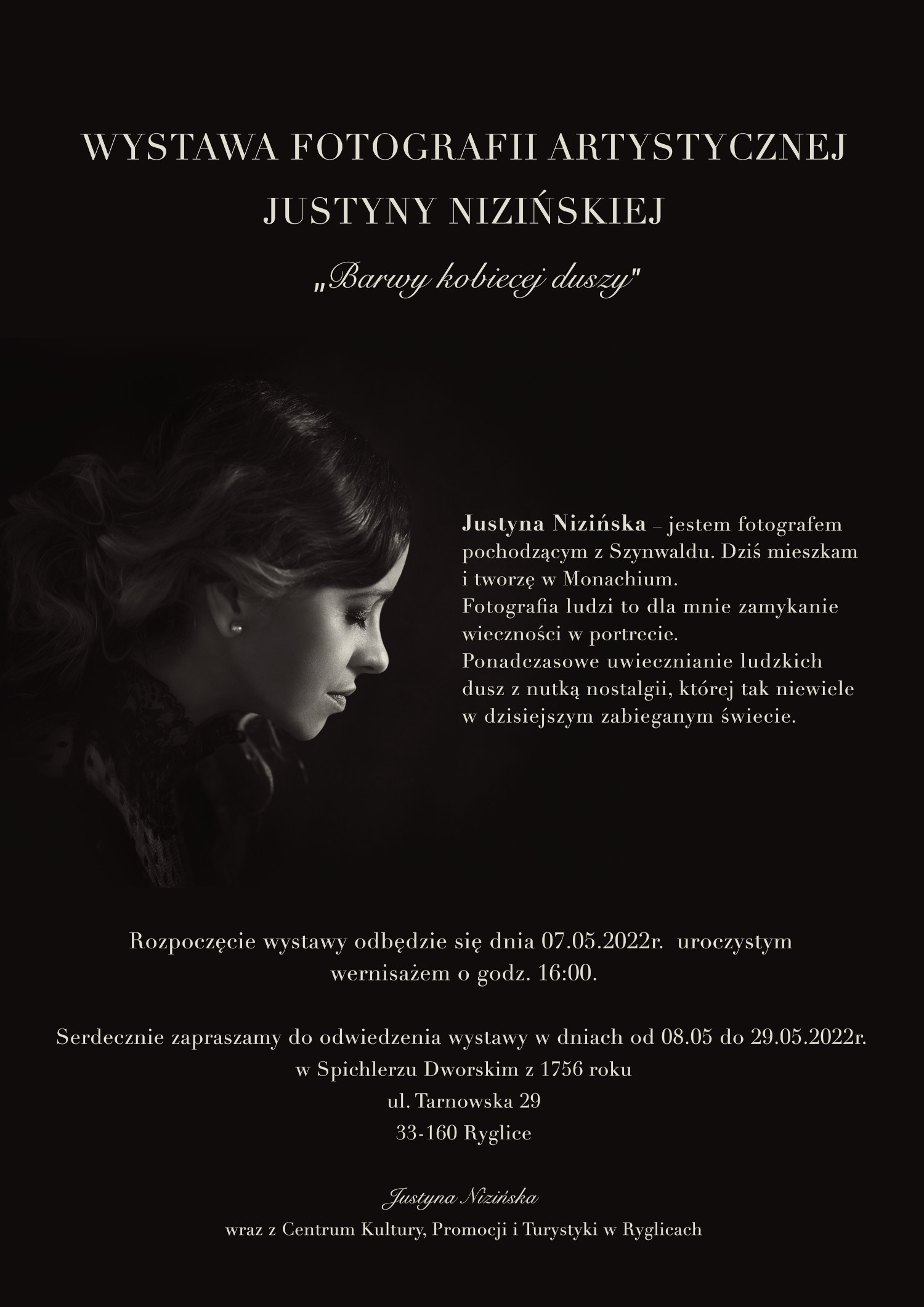 Plakat informujący o wystawie Justyny Nizińskiej
