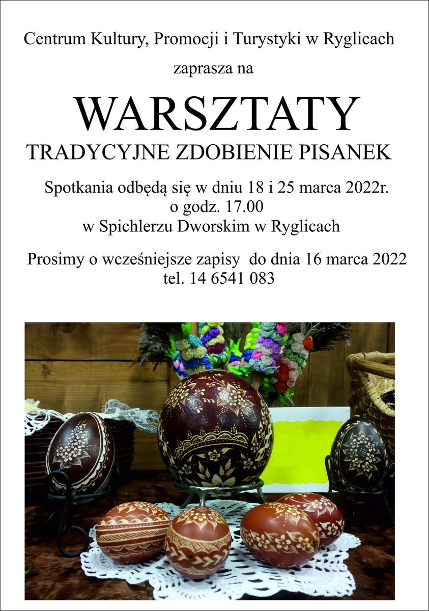 Plakat dotyczący warsztatów w Spichlerzu Dworskim w Ryglicach