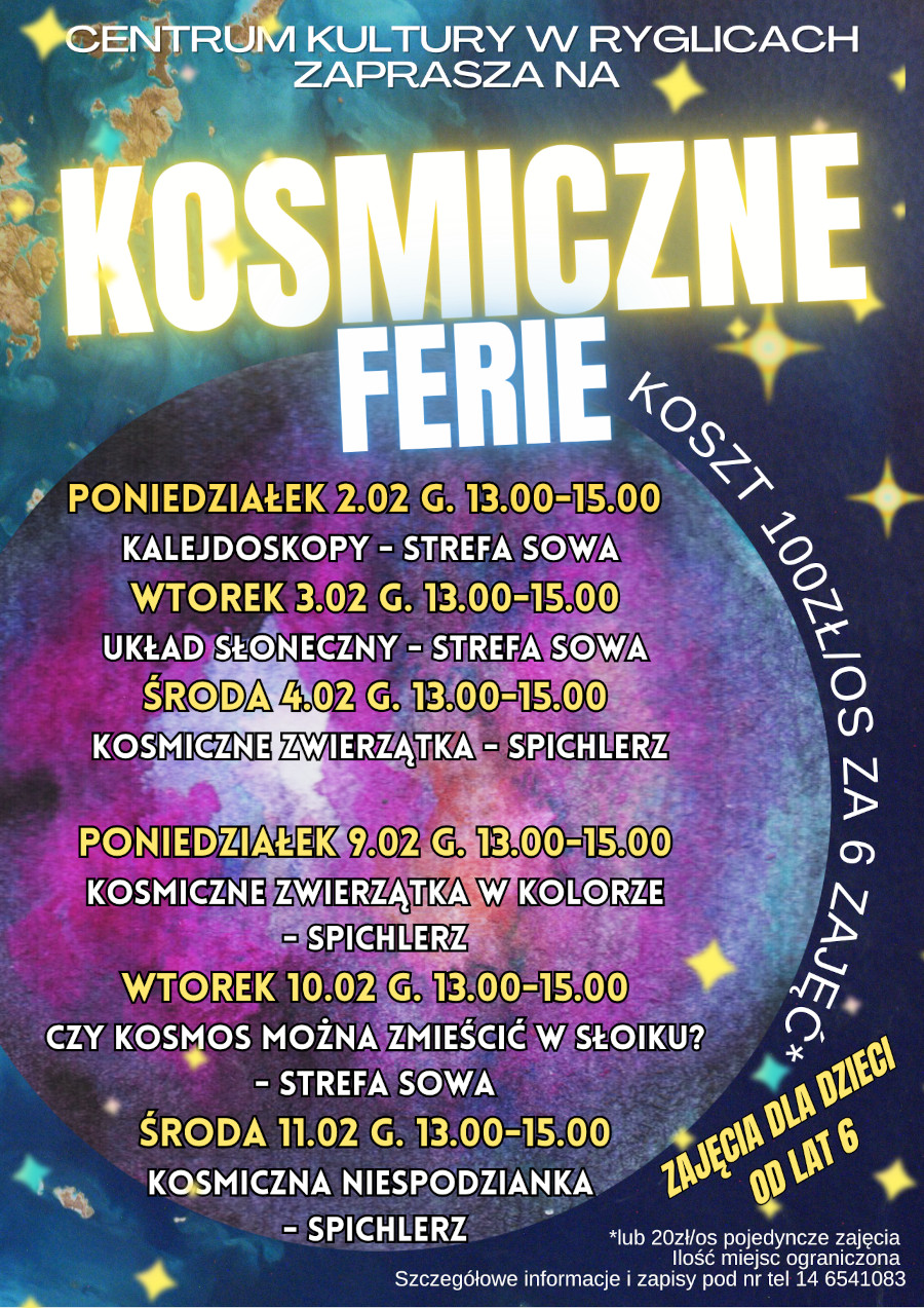 Informacja o Kosmicznych Feriach w Centrum Kultury w Ryglicach