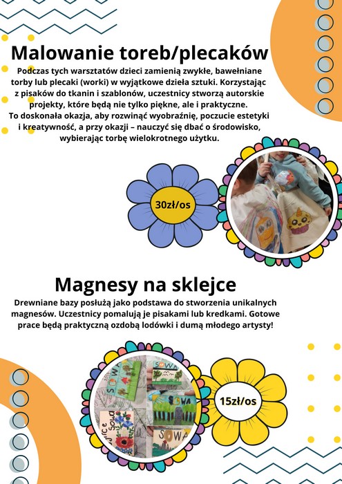 Informacja o warsztatach: malowanie toreb, plecaków, magnesy