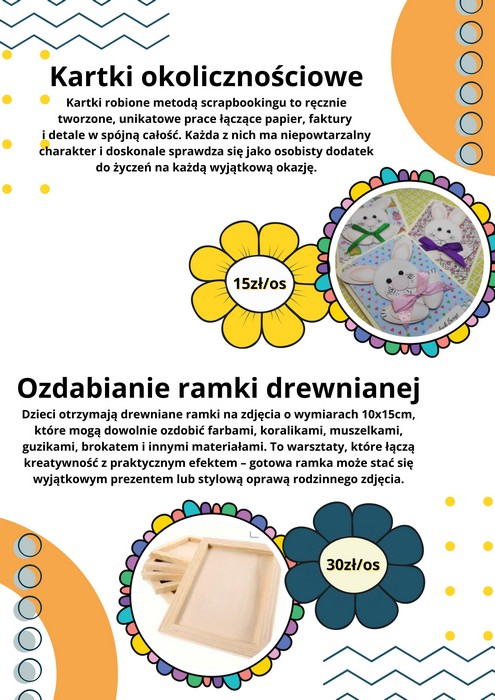 Informacja o warsztatach: kartki, ramki drewniane