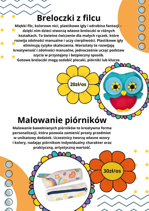 Informacja o warsztatach: breloczki, piórniki